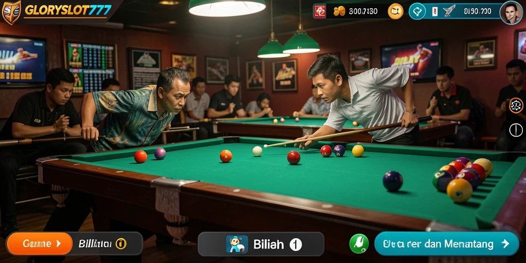 Tampilan antarmuka GLORYSLOT777 saat bermain billiard.