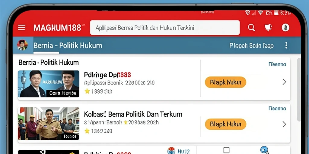 Antarmuka aplikasi MAGNUM188 menampilkan berita politik dan hukum terkini.